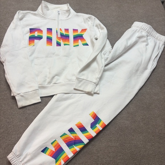 PINK Victoria's Secret Pants - Victoria’s Secret PINK Rainbow Logo Matching Set White Pullover & Joggers  0721